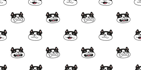 dog seamless pattern french bulldog smiling face head vector pet paw footprint puppy cartoon gift wrapping paper tile background repeat wallpaper doodle scarf isolated illustration design