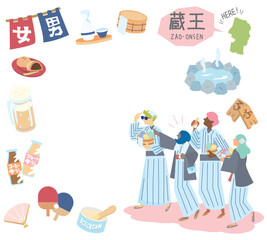 日本の山形の蔵王温泉と温泉のアイコンと浴衣を着た外国からの観光客のセット（フラット）