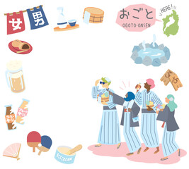 日本の滋賀のおごと温泉と温泉のアイコンと浴衣を着た外国からの観光客のセット（フラット）