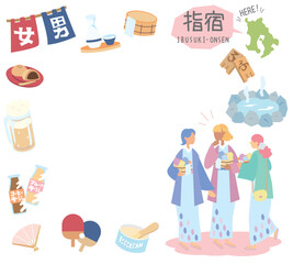 日本の鹿児島の指宿温泉と温泉のアイコンと浴衣を着た女友達のセット（フラット）