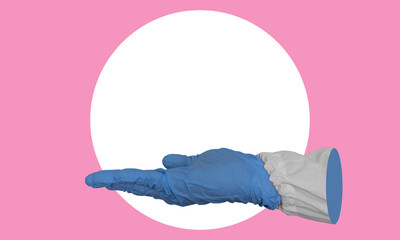 Art collage, a hand with a medical glove on a pink background.
