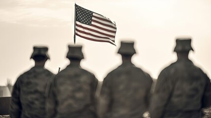 American Soldiers are standing with their backs, looking at the Flag of the USA. Memorial Day and Veterans Day Banner format. Generative AI