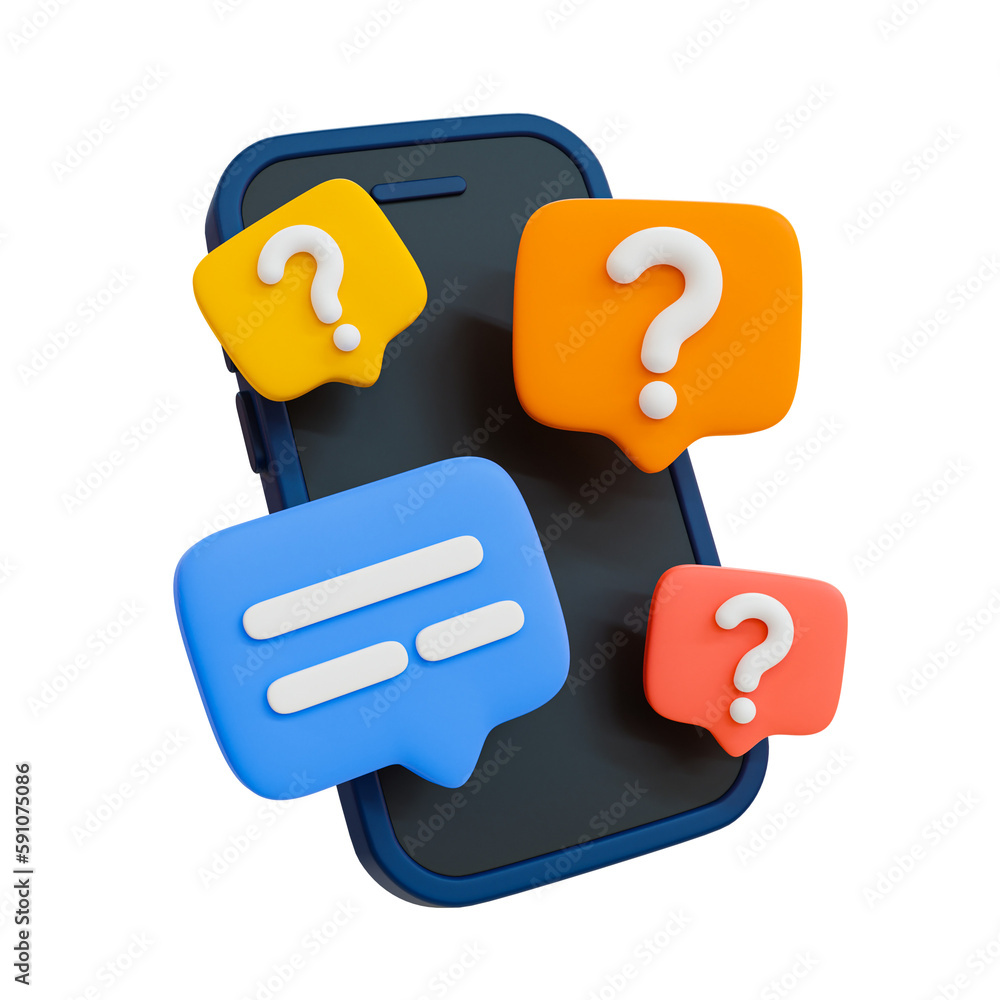 Poster 3d minimal problem-solving concept. figure out the question. finding an answer. smartphone with chat