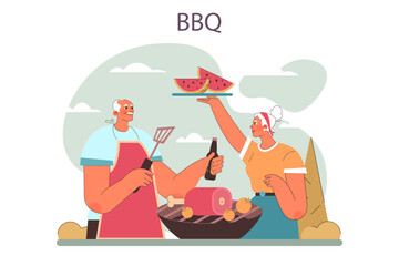 BBQ party. Senior couple grilling meat and vegetables outside. Summer leisure