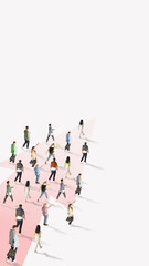 One way movement. Aerial view on group of different people walking same direction against white...