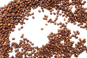 Roasted coffee beans isolated on white background.