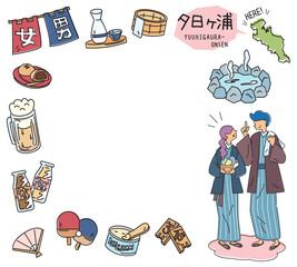 日本の京都の夕日ヶ浦温泉と温泉のアイコンと浴衣を着たカップルのセット（線画）