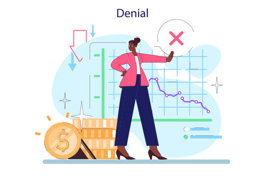 Cycle of investor emotions. Black female character with a denial emotion