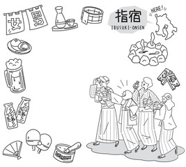 Obraz premium 日本の鹿児島の指宿温泉と温泉のアイコンと浴衣を着た外国からの観光客のセット（線画白黒）