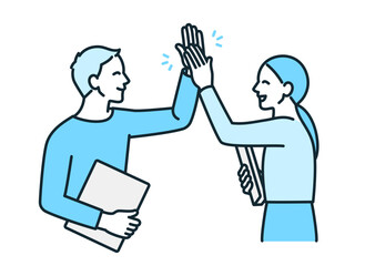 商談が成立し喜ぶ男女。ハイタッチするビジネスパーソンのイラスト素材。