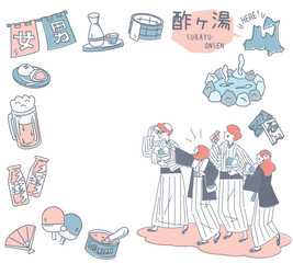 日本の青森の酸ヶ湯温泉のアイコンと浴衣を着た外国からの観光客のセット（線画優しいカラー）