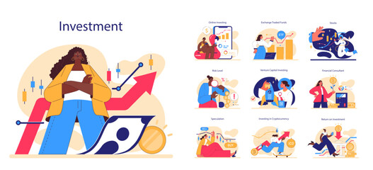 Obraz premium Investment and finance growth set. Young female character investing