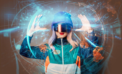 Concept of stylish woman in VR glasses with future interface on brown background