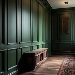 luxury home interior, panelled wall, panelling, green room, green walls, AI generated image, AI Design, green tone, interior design
