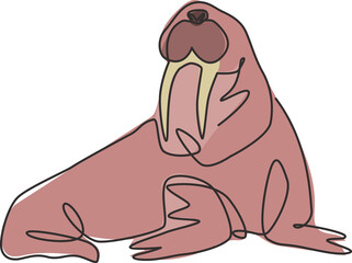 One continuous line drawing of large walrus for marine company logo identity. Odobenus rosmarus mascot concept for national conservation park icon. Modern single line draw design vector illustration