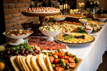 Fototapeta na wymiar Catering Table Tasty Food Banquet Arrangement Full Of Food - Generative AI