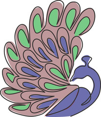 One continuous line drawing of beauty adorable peacock for company logo identity. Big pretty bird mascot concept for national zoo icon. Modern single line draw design vector illustration graphic