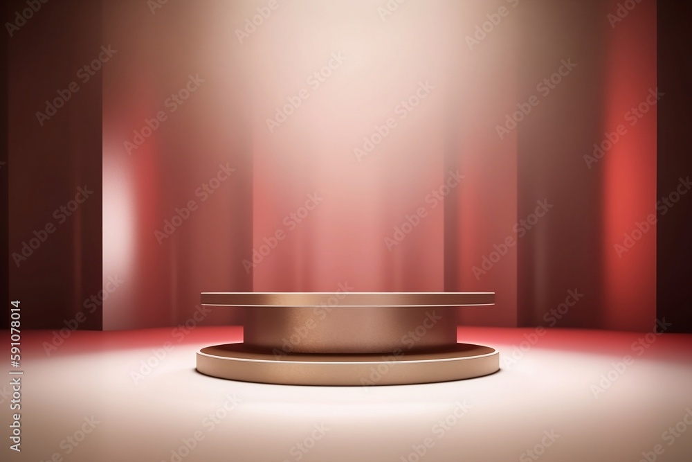 Poster three red product podiums. background light and shadow. generative ai