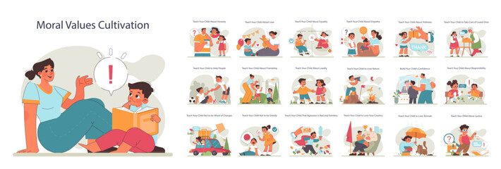 Parenting advice set. Parents educating a child. Preschool education