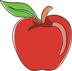 Single continuous line drawing of whole healthy organic apple for orchard logo identity. Fresh summer fruitage concept for fruit garden icon. Modern one line graphic draw design vector illustration
