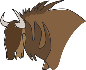 One continuous line drawing of stout wildebeest head for company logo identity. Big gnu mammal mascot concept for national conservation park icon. Modern single line draw design vector illustration