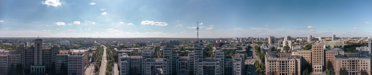 Fototapeta na wymiar Aerial panorama of Derzhprom and Karazin National University buildings on Freedom Square in Kharkiv, Ukraine