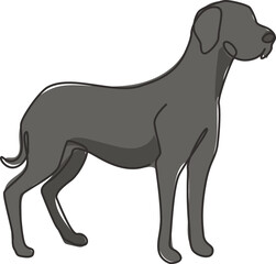 One continuous line drawing of dashing great dane dog for security company logo identity. Purebred dog mascot concept for pedigree friendly pet icon. Modern single line draw design vector illustration - obrazy, fototapety, plakaty