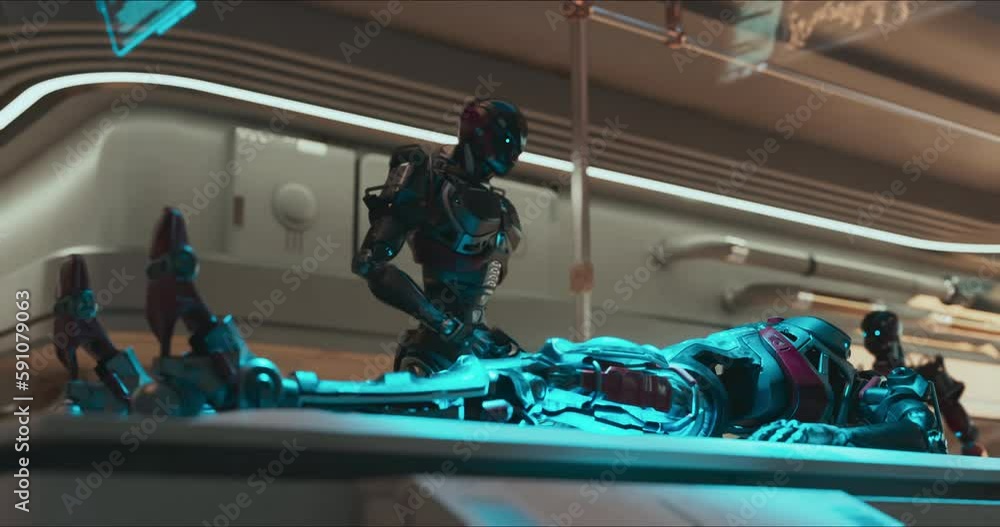 Aufkleber modern ai science medical laboratory with robots android working in it. futuristic humanoid robot tr