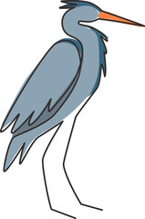 Single continuous line drawing of adorable standing heron for company logo identity. Long beak bird mascot concept for national conservation park icon. Modern one line draw design vector illustration