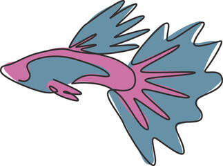 One continuous line drawing of cute guppy fish for logo identity. Millionfish pet mascot concept for aquatic icon. Modern single line draw graphic design vector illustration