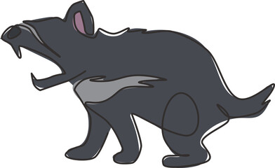 One continuous line drawing of fierce tasmanian devil for company logo identity. Carnivorous marsupial mascot concept for national zoo icon. Modern single line draw design vector graphic illustration