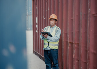 Fototapeta na wymiar Image of professional container controllers who organize container deliveries and moves to maximize resources and minimize delays. Accurately completing daily and weekly report status updates.