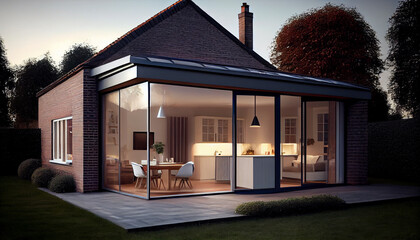 Modern Sunroom or conservatory extending into the garden, surrounded by a block paved patio