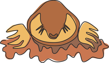 One continuous line drawing of cute lawn mole head out from ground for logo identity. Rodent animal mascot concept for pest control service icon. Modern single line draw design vector illustration