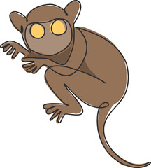 One continuous line drawing of cute tarsier for company logo identity. Little monkey with big eyes mascot concept for national zoo icon. Modern single line draw design graphic vector illustration