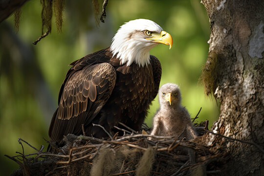 Picture of a Bald Eagle with Her Chick, generative AI