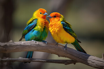 Fototapeta na wymiar spring colored birds flirting, natural design, unique moments in the wild, generative AI