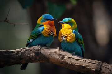Fototapeta na wymiar spring colored birds flirting, natural design, unique moments in the wild, generative AI