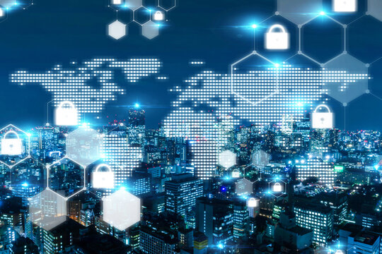 virtual world map network technology icon with skyline building office and night city background, smart city, cyber security, business finance, internet network security, data protection concept - Powered by Adobe