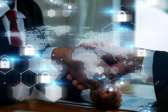 Partnership. business man handshake with partner after business meeting with virtual network technology icon diagram, business finance, internet network security, connection, data protection concept