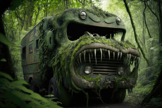 old overgrown land vehicle which was creepily designed created with Generative AI technology