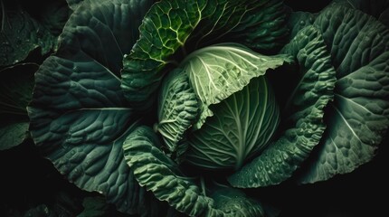 Raw head of cabbage. Closeup fresh green cabbage. Generative AI.