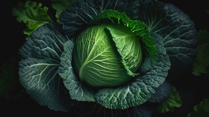 Raw head of cabbage. Closeup fresh green cabbage. Generative AI.