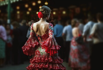 Fototapeta premium .Young woman wearing traditional flamenco dress at Seville April Fair (Feria de Abril de Sevilla). Generative Ai