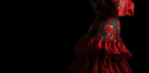 Close up of  traditional flamenco dress on black background (Seville April Fair). Generative Ai - 591080099