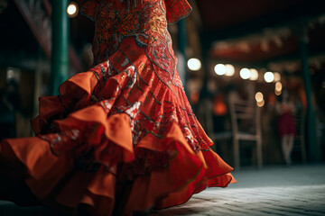 Naklejka premium Close up of traditional flamenco dress at Seville April Fair (Feria de Abril de Sevilla). Generative Ai
