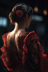 Obraz premium Beautiful woman in traditional and colorful dress at the Seville April Fair (Feria de Abril de Sevilla). Generative Ai