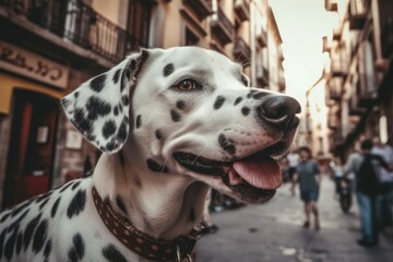 Illustration of a Dalmatian dog relaxing on a busy city street, surrounded by people and buildings created with Generative AI technology