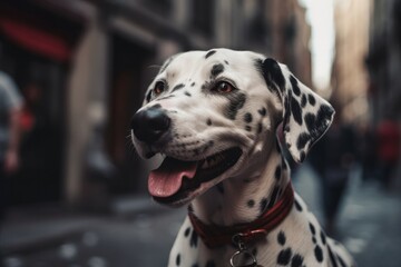 Illustration of a Dalmatian dog relaxing on a busy city street, surrounded by people and buildings created with Generative AI technology