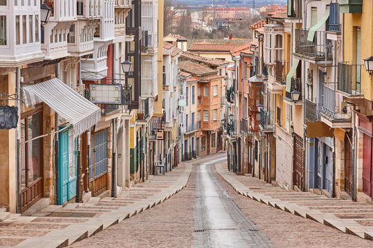 Fototapeta Balborraz street with colorful facades in Zamora city center. Spain
